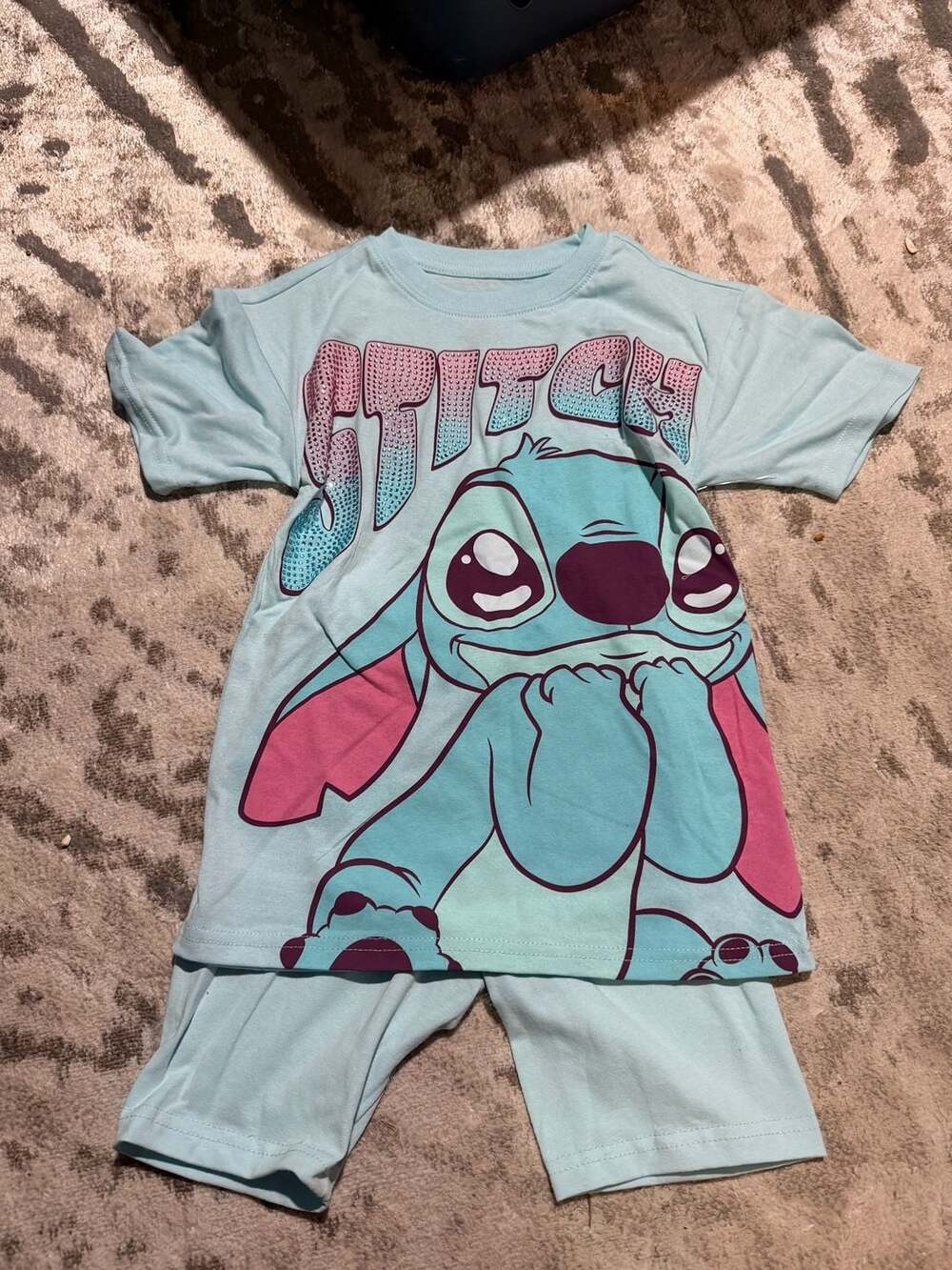Disney Stitch Girls Rhinestones Graphic Tee and Bike Shorts Set